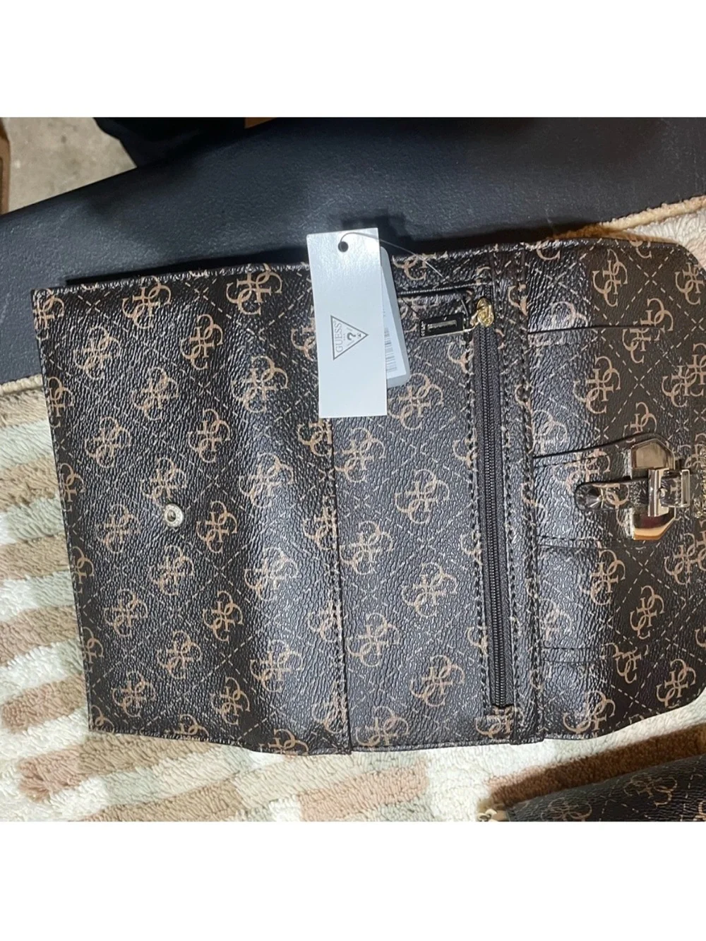 GUESS Brown Monogram Satchel with Gold Hardware